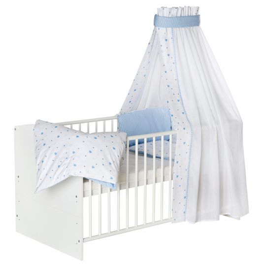 Schardt Baby complete bed set Classic-Line incl. bedding, canopy, nestle & mattress White 70 x 140 cm - hearts - light blue