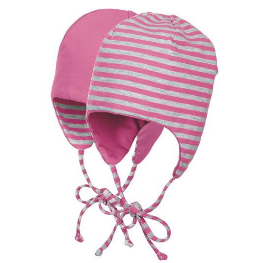 Sterntaler Reversible first hat with earflaps - striped pink gray - size 35