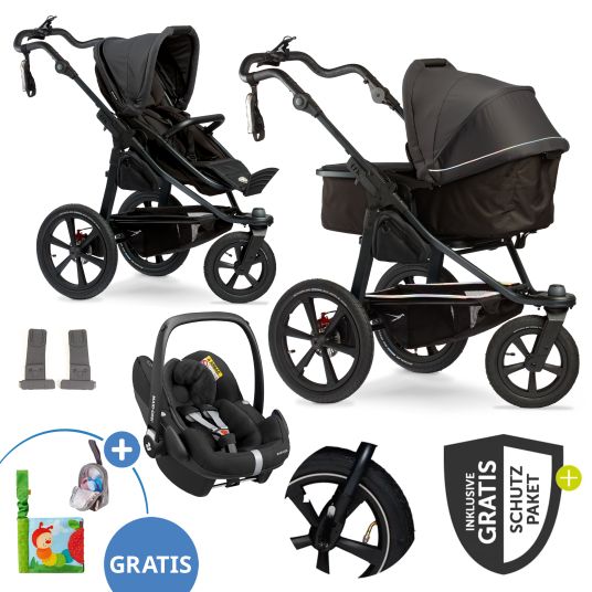 TFK 3-1 Set passeggino combinato Pro con pneumatici, inclusa unità combinata (navicella+seggiolino) con Maxi-Cosi Pebble Pro, portacellulare, bottiglia per bevande e pacchetto accessori XXL - antracite