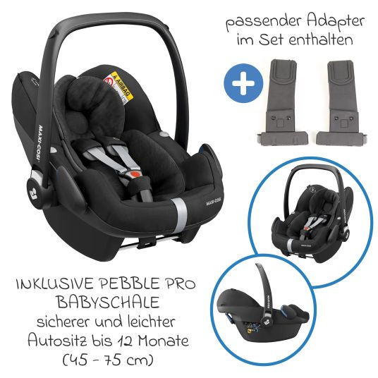 TFK 3-1 Kombi-Kinderwagen-Set Pro mit Luftreifen inkl. Kombi-Einheit (Babywanne+Sitz) inkl. Maxi-Cosi Pebble Pro, Handyhalter, Getränkeflasche & XXL Zubehörpaket - Anthrazit