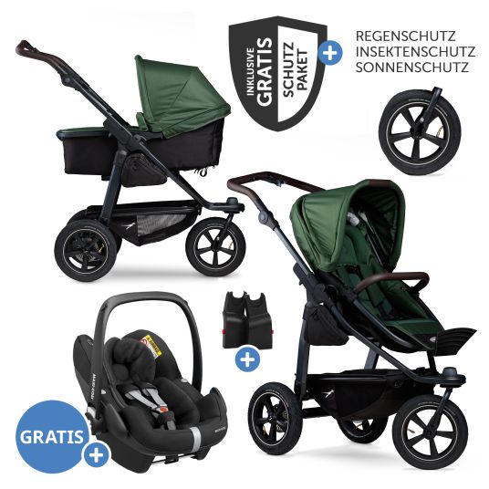 TFK 3in1 Kombi-Kinderwagen-Set Mono 2 mit Luftreifen inkl. Kombi-Einheit (Babywanne+Sitz) mit Liegeposition, Babyschale Pebble Pro & XXL Zubehörpaket - Olive