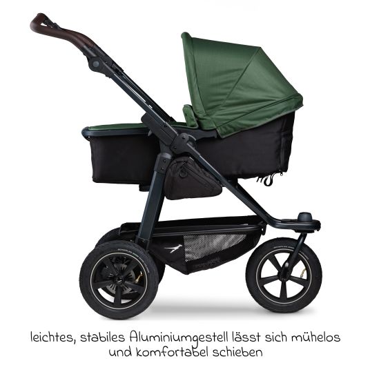 TFK 3in1 Kombi-Kinderwagen-Set Mono 2 mit Luftreifen inkl. Kombi-Einheit (Babywanne+Sitz) mit Liegeposition, Babyschale Pebble Pro & XXL Zubehörpaket - Olive