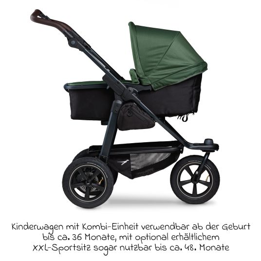 TFK 3in1 Kombi-Kinderwagen-Set Mono 2 mit Luftreifen inkl. Kombi-Einheit (Babywanne+Sitz) mit Liegeposition, Babyschale Pebble Pro & XXL Zubehörpaket - Olive