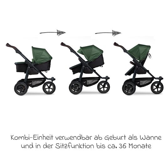 TFK 3in1 Kombi-Kinderwagen-Set Mono 2 mit Luftreifen inkl. Kombi-Einheit (Babywanne+Sitz) mit Liegeposition, Babyschale Pebble Pro & XXL Zubehörpaket - Olive