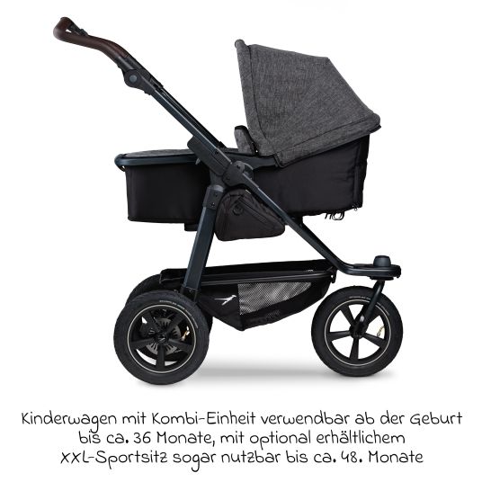 TFK Set passeggino 3in1 Mono 2 con pneumatici, comprensivo di unità combinata (navicella+seggiolino) con posizione reclinabile, seggiolino auto Pebble Pro e pacchetto accessori XXL - antracite premium