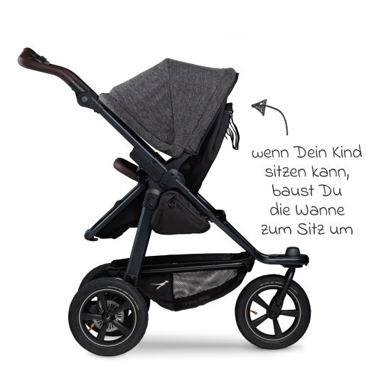 TFK 3in1 baby carriage set Mono 2 with pneumatic tires incl. combi unit (carrycot+seat) with reclining position, infant car seat Pebble Pro & XXL accessory pack - Premium anthracite