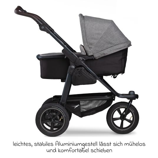 TFK 3in1 baby carriage set Mono 2 with pneumatic tires incl. combi unit (carrycot+seat) with reclining position, infant car seat Pebble Pro & XXL accessory pack - Premium Grey