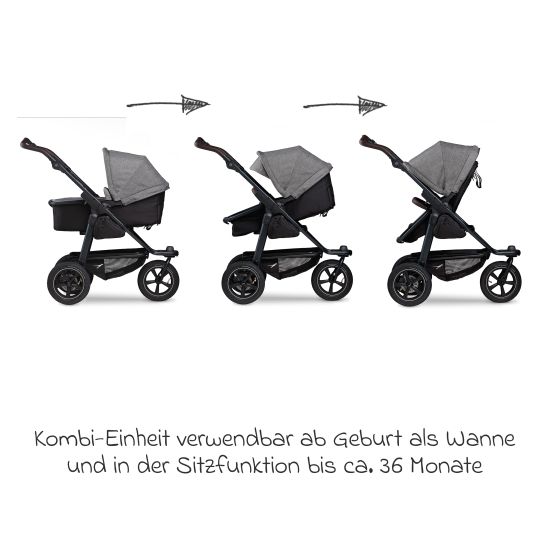 TFK 3in1 baby carriage set Mono 2 with pneumatic tires incl. combi unit (carrycot+seat) with reclining position, infant car seat Pebble Pro & XXL accessory pack - Premium Grey