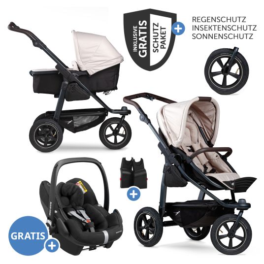 TFK 3in1 Kombi-Kinderwagen-Set Mono 2 mit Luftreifen inkl. Kombi-Einheit (Babywanne+Sitz) mit Liegeposition, Babyschale Pebble Pro & XXL Zubehörpaket - Sand