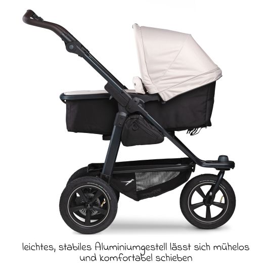 TFK 3in1 Kombi-Kinderwagen-Set Mono 2 mit Luftreifen inkl. Kombi-Einheit (Babywanne+Sitz) mit Liegeposition, Babyschale Pebble Pro & XXL Zubehörpaket - Sand