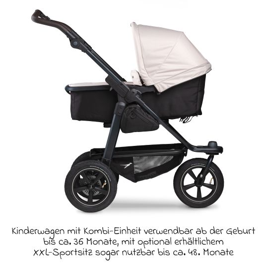 TFK 3in1 Kombi-Kinderwagen-Set Mono 2 mit Luftreifen inkl. Kombi-Einheit (Babywanne+Sitz) mit Liegeposition, Babyschale Pebble Pro & XXL Zubehörpaket - Sand