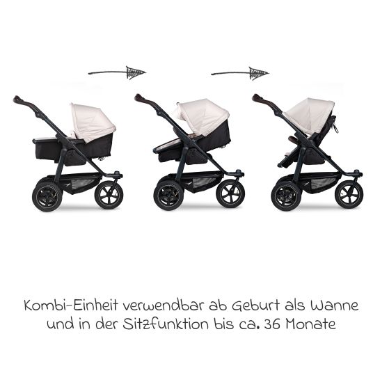 TFK Set passeggino 3in1 Mono 2 con pneumatici, comprensivo di unità combinata (navicella+seggiolino) con posizione reclinabile, seggiolino auto Pebble Pro e pacchetto accessori XXL - Sabbia