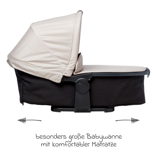 TFK 3in1 Kombi-Kinderwagen-Set Mono 2 mit Luftreifen inkl. Kombi-Einheit (Babywanne+Sitz) mit Liegeposition, Babyschale Pebble Pro & XXL Zubehörpaket - Sand