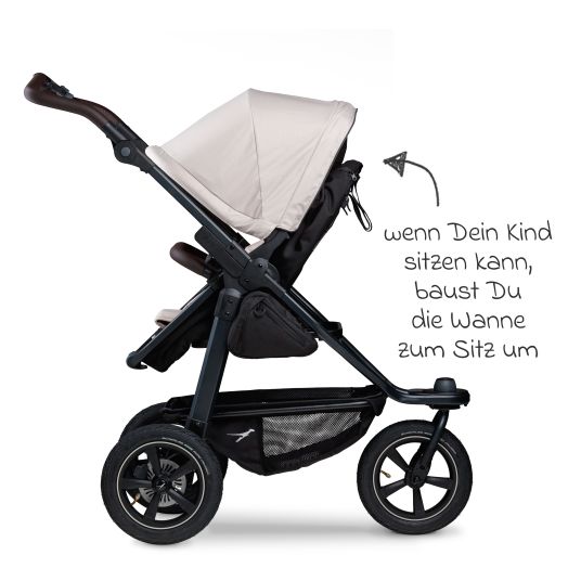 TFK 3in1 Kombi-Kinderwagen-Set Mono 2 mit Luftreifen inkl. Kombi-Einheit (Babywanne+Sitz) mit Liegeposition, Babyschale Pebble Pro & XXL Zubehörpaket - Sand