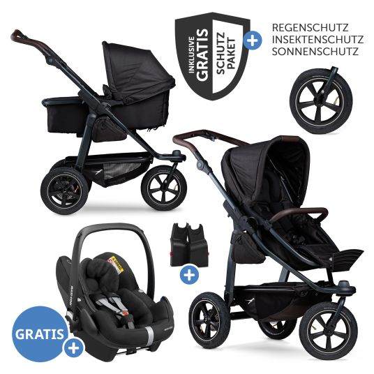 TFK 3in1 baby carriage set Mono 2 with pneumatic tires incl. combi unit (carrycot+seat) with reclining position, infant car seat Pebble Pro & XXL accessory pack - black