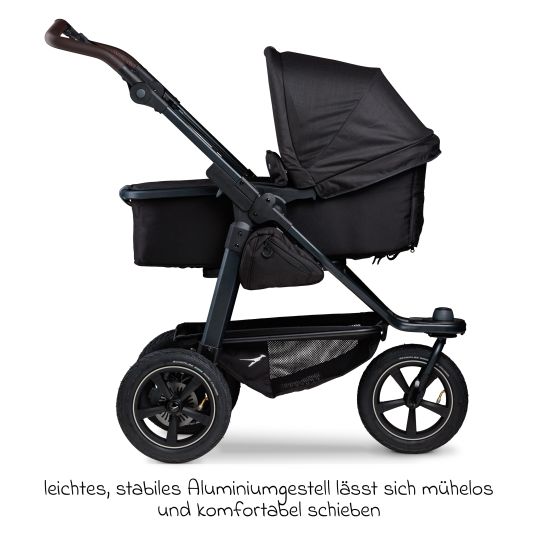 TFK Set passeggino 3in1 Mono 2 con pneumatici, comprensivo di unità combinata (navicella+seggiolino) con posizione reclinabile, seggiolino auto Pebble Pro e pacchetto accessori XXL - nero