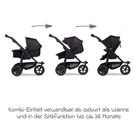 TFK 3in1 baby carriage set Mono 2 with pneumatic tires incl. combi unit (carrycot+seat) with reclining position, infant car seat Pebble Pro & XXL accessory pack - black