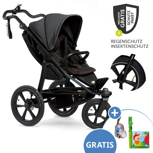 TFK Buggy & sports stroller Pro with pneumatic tires incl. sports seat up to 34 kg incl. cell phone holder, drink bottle, pacifier bag, buggy book & XXL accessory package - anthracite