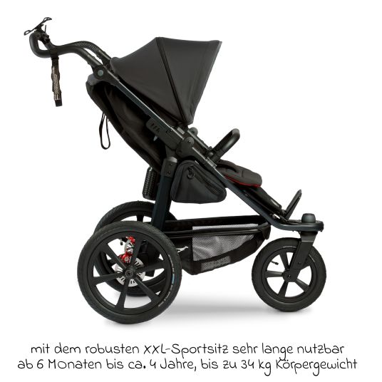 TFK Buggy & sports stroller Pro with pneumatic tires incl. sports seat up to 34 kg incl. cell phone holder, drink bottle, pacifier bag, buggy book & XXL accessory package - anthracite