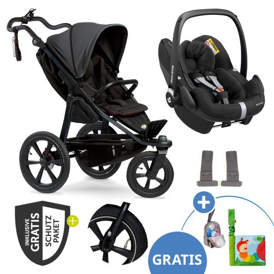 TFK Buggy & Sportkinderwagen Pro mit Luftreifen inkl. Sportsitz bis 34 kg inkl. Maxi-Cosi Pebble Pro, Handyhalter, Getränkeflasche, Schnullertasche, Buggybuch & XXL Zubehörpaket - Anthrazit