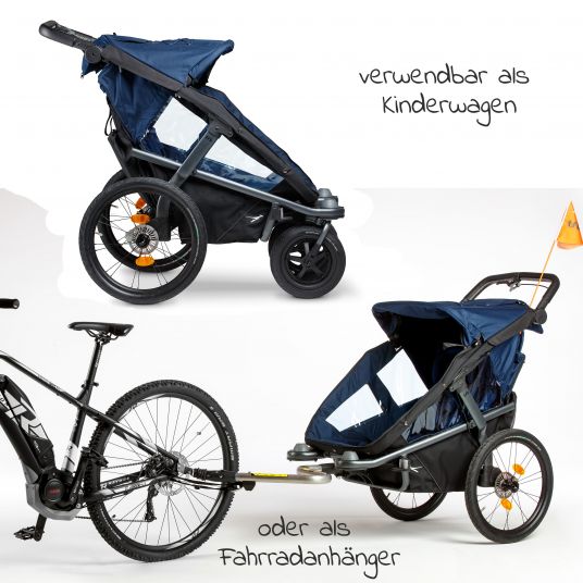 TFK Fahrradanhänger und Kinderwagen Velo 2 für 2 Kinder (bis 44 kg ) + Deichsel - Marine