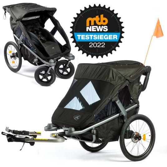 TFK Velo 2 rimorchio per bicicletta e passeggino per 2 bambini (fino a 44 kg) + timone - nero