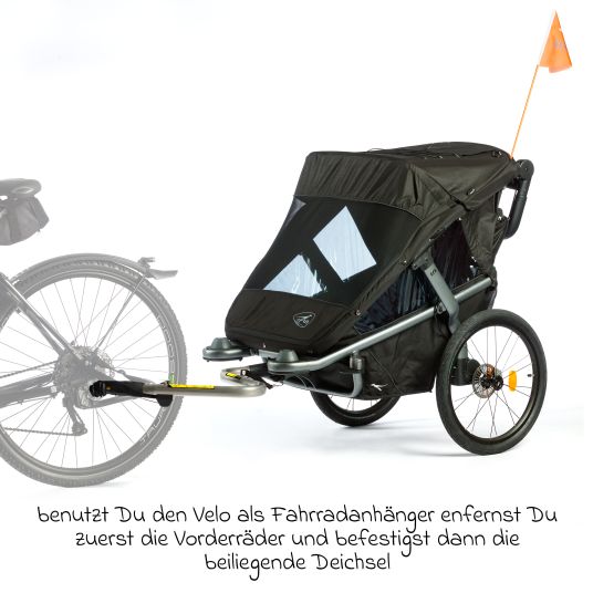TFK Velo 2 bicycle trailer and baby carriage for 2 children (up to 44 kg) + drawbar - black