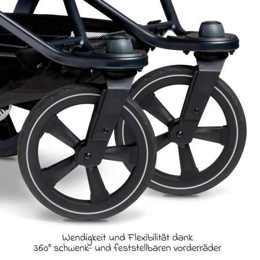 TFK Geschwister- & Zwillingskinderwagen Duo 2 mit Luftkammerreifen - 2x Kombi-Einheit (Wanne+Sitz) mit Liegeposition & XXL Zamboo Zubehör - Premium Grau