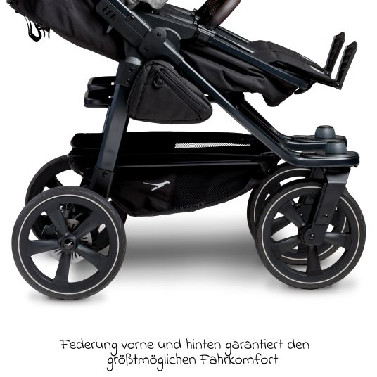 TFK Geschwister- & Zwillingskinderwagen Duo 2 mit Luftkammerreifen - 2x Kombi-Einheit (Wanne+Sitz) mit Liegeposition & XXL Zamboo Zubehör - Premium Grau