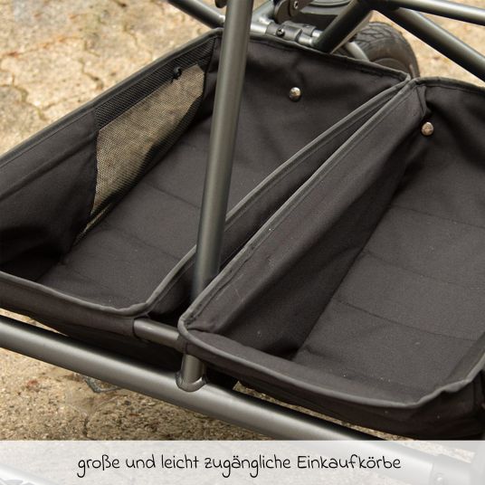 TFK Geschwister- & Zwillingskinderwagen Duo 2 mit Luftkammerreifen - 2x Kombi-Einheit (Wanne+Sitz) mit Liegeposition & XXL Zamboo Zubehör - Sand