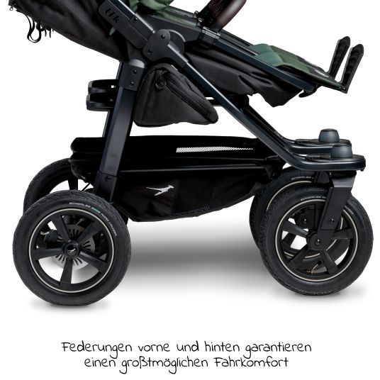 TFK Passeggino gemellare Duo 2 con pneumatici - 2x unità combinata (navicella+seggiolino) con posizione reclinabile e accessori XXL Zamboo - Olive