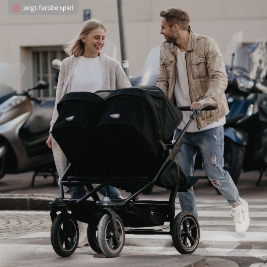 TFK Sibling & twin baby carriage Duo 2 with pneumatic tires - 2x combination unit (carrycot+seat) with reclining position & XXL Zamboo accessories - Olive