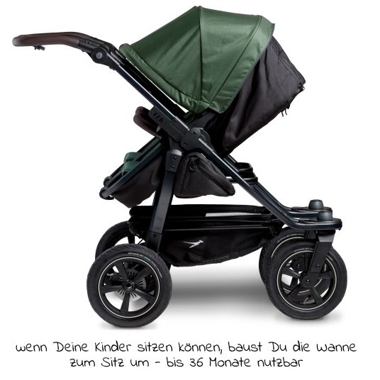 TFK Sibling & twin baby carriage Duo 2 with pneumatic tires - 2x combination unit (carrycot+seat) with reclining position & XXL Zamboo accessories - Olive