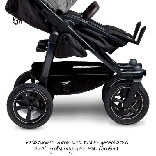 TFK Passeggino gemellare Duo 2 con pneumatici - 2x unità combinata (navicella+seggiolino) con posizione reclinabile e accessori XXL Zamboo - Grigio Premium
