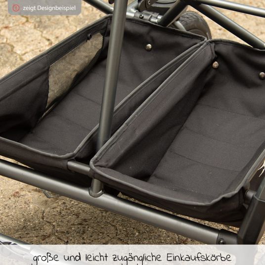TFK Passeggino gemellare Duo 2 con pneumatici - 2x unità combinata (navicella+seggiolino) con posizione reclinabile e accessori XXL Zamboo - Grigio Premium
