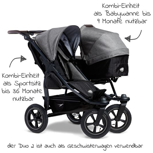 TFK Geschwister- & Zwillingskinderwagen Duo 2 mit Luftreifen - 2x Kombi-Einheit (Wanne+Sitz) mit Liegeposition & XXL Zamboo Zubehör - Premium Grau