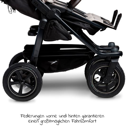 TFK Geschwister- & Zwillingskinderwagen Duo 2 mit Luftreifen - 2x Kombi-Einheit (Wanne+Sitz) mit Liegeposition & XXL Zamboo Zubehör - Sand