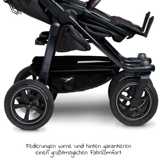 TFK Geschwister- & Zwillingskinderwagen Duo 2 mit Luftreifen - 2x Kombi-Einheit (Wanne+Sitz) mit Liegeposition & XXL Zamboo Zubehör - Schwarz