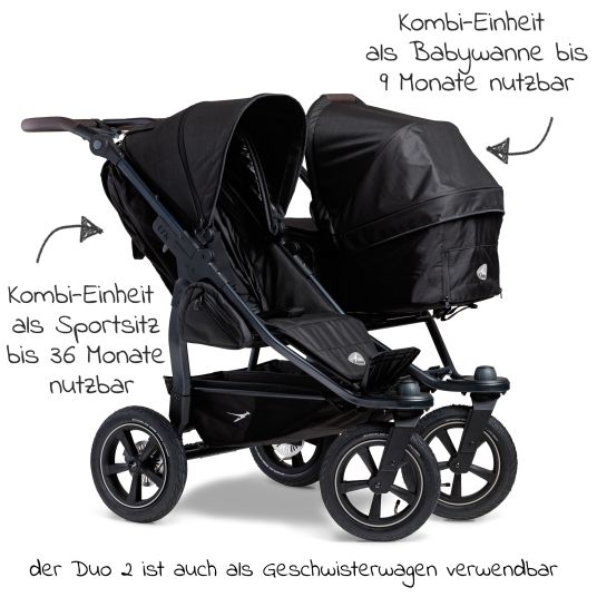 TFK Geschwister- & Zwillingskinderwagen Duo 2 mit Luftreifen - 2x Kombi-Einheit (Wanne+Sitz) mit Liegeposition & XXL Zamboo Zubehör - Schwarz