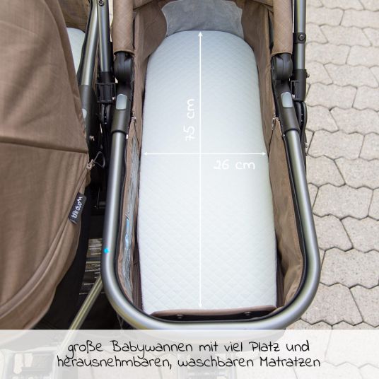 TFK Sibling & twin stroller Duo with pneumatic tires - 2x combi unit (tub+seat) + XXL Zamboo accessories - Brown