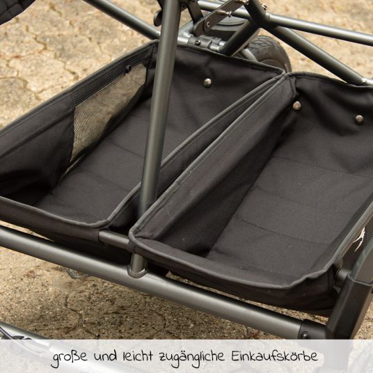 TFK Passeggino gemellare Duo con pneumatici - 2x sedute sportive fino a 45 kg + pacchetto accessori XXL - antracite
