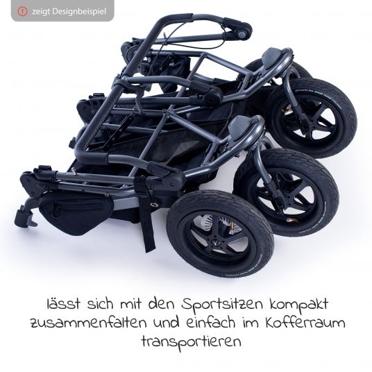 TFK Geschwister- & Zwillingsportwagen Duo mit Luftkammerreifen - 2x Sportsitze  bis 45 kg + XXL  Zubehörpaket - Grau