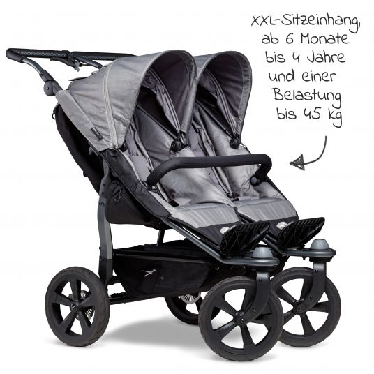 TFK Sibling & twin stroller Duo with pneumatic tires - 2x sports seats up to 45 kg + XXL accessories package - Grey