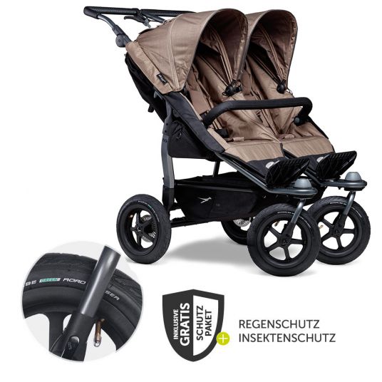 TFK Passeggino gemellare Duo con pneumatici - 2x sedute sportive fino a 45 kg + accessori XXL Zamboo - Marrone