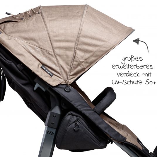 TFK Passeggino gemellare Duo con pneumatici - 2x sedute sportive fino a 45 kg + accessori XXL Zamboo - Marrone