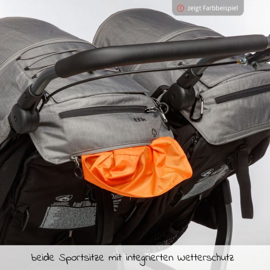 TFK Passeggino gemellare Duo con pneumatici - 2x sedute sportive fino a 45 kg + accessori XXL Zamboo - Marrone