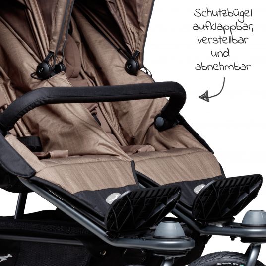 TFK Passeggino gemellare Duo con pneumatici - 2x sedute sportive fino a 45 kg + accessori XXL Zamboo - Marrone