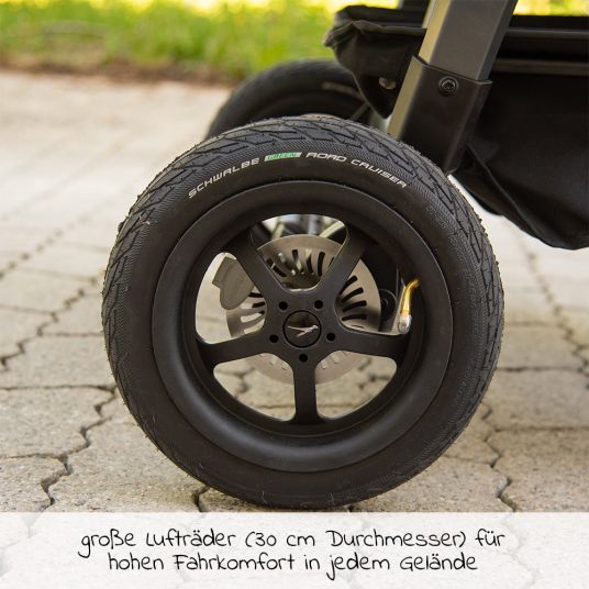 TFK Passeggino gemellare Duo con pneumatici - 2x sedute sportive fino a 45 kg + accessori XXL Zamboo - Marrone