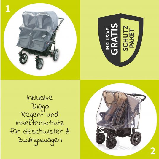 TFK Passeggino gemellare Duo con pneumatici - 2x sedute sportive fino a 45 kg + accessori XXL Zamboo - Marrone