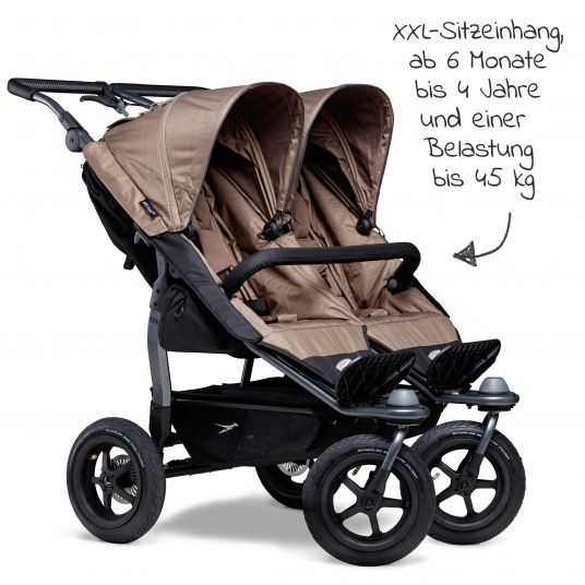 TFK Sibling & twin stroller Duo with pneumatic tires - 2x sport seats up to 45 kg + XXL Zamboo accessories - Brown